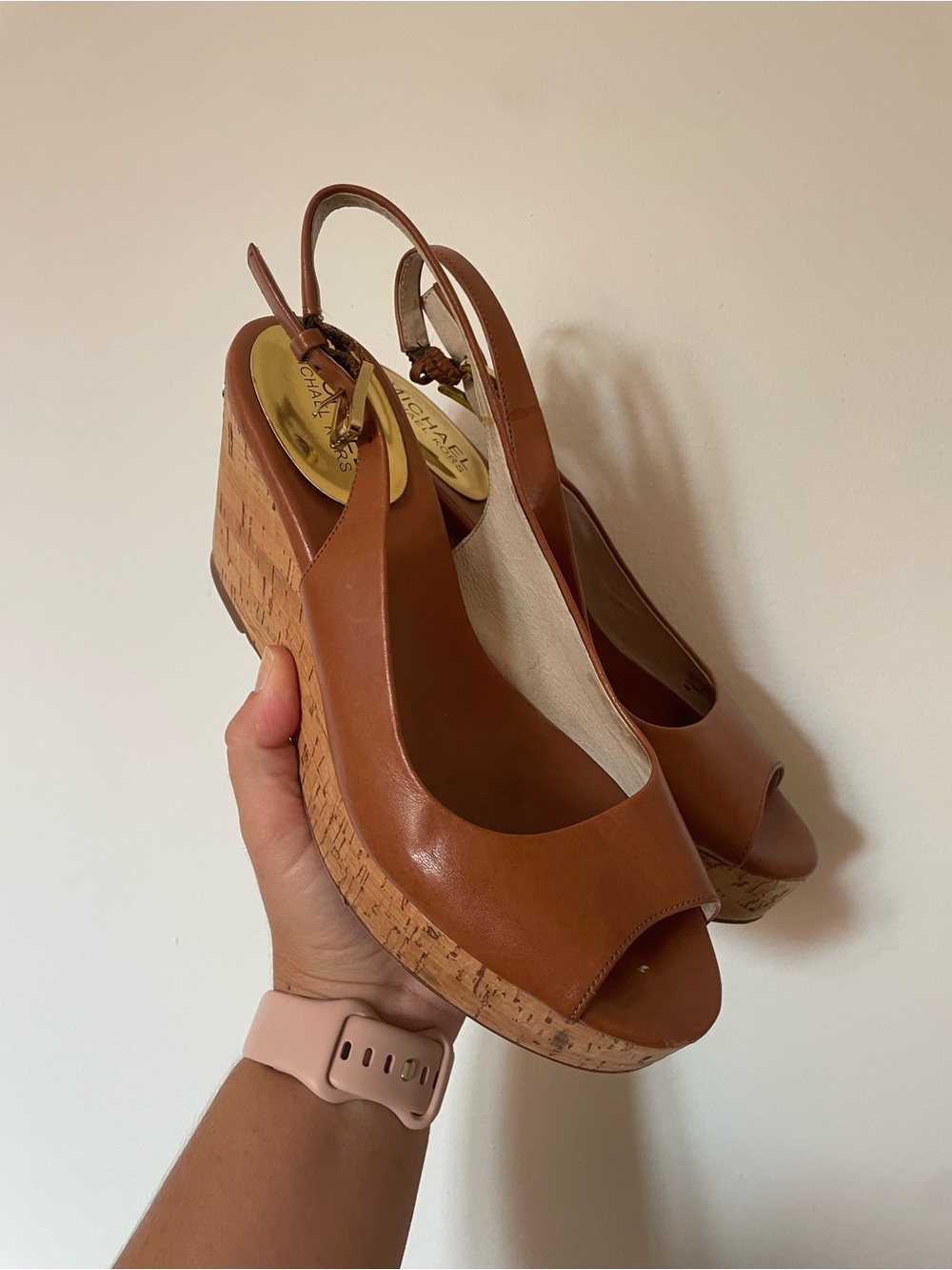 Michael Kors Brown Leather Cork Wedge Slingback Peep-Toe Boots